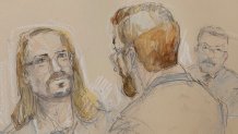 In a sketch artist's rendition, defense attorney Colby Ryan cross-examines Maya Millete's affair partner Jamey Laird, as Judge Enrique Camarena looks on, during Larry Millete's murder trial on June 22, 2026.