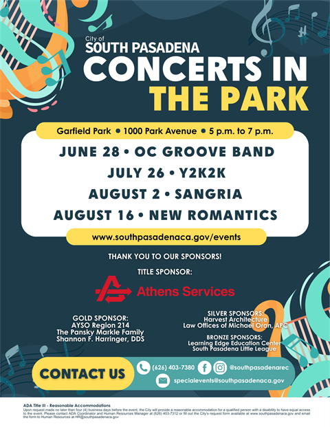 Graphic: City of South Pasadena | The South Pasadenan | Concert in the Park: OC Groove Band