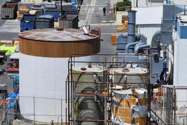 Ariel view of the chemical tank at GKN Aerospace in Garden Grove, Calif. on Wednesday, June 10, 2026. (AP Photo/William Liang)