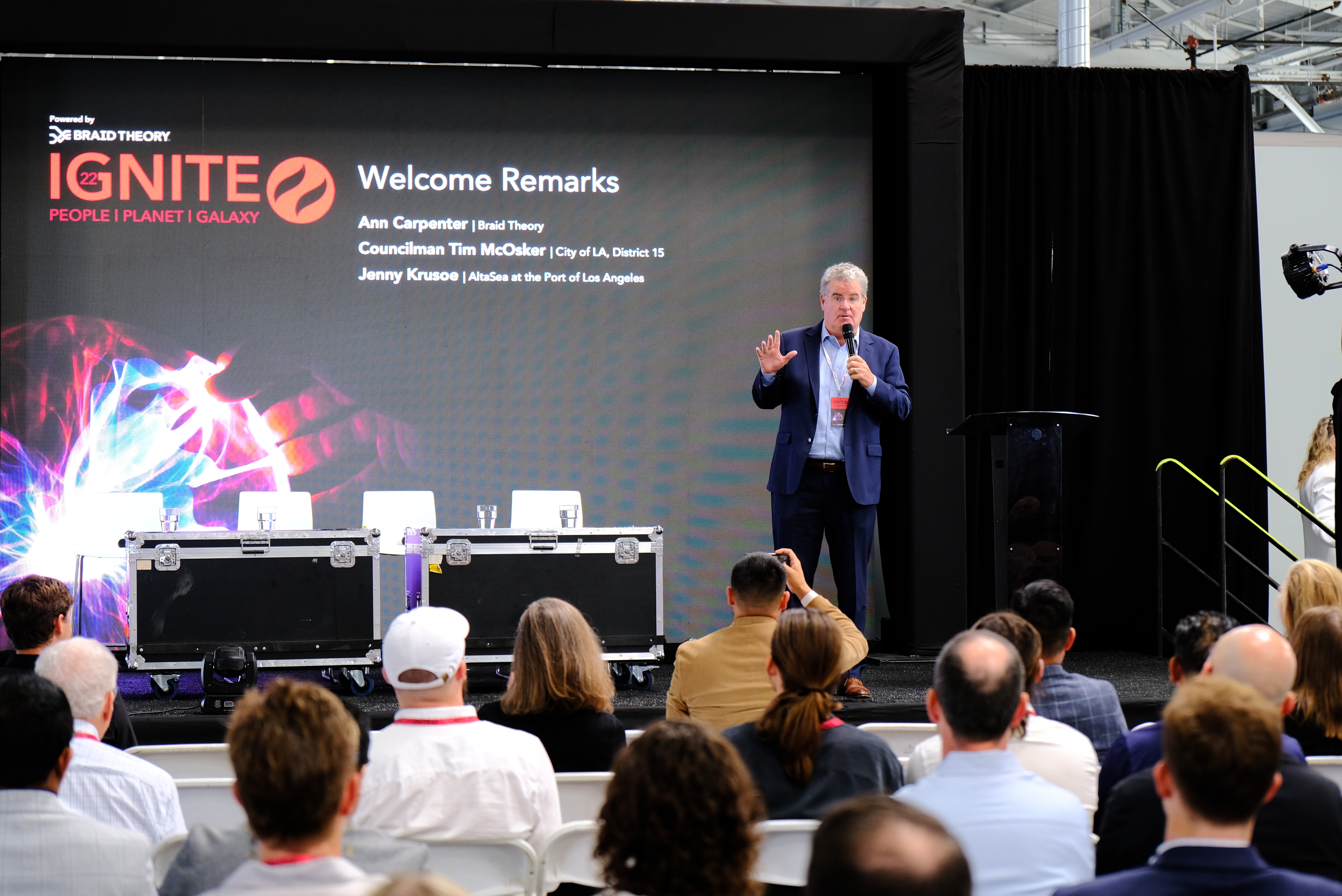 Los Angeles City Councilmember Tim McOsker addresses chattering at AltaSea...