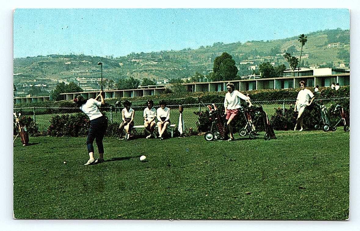 Postcard shows women golfers at the Hacienda Hotel’s 9-hole golf...