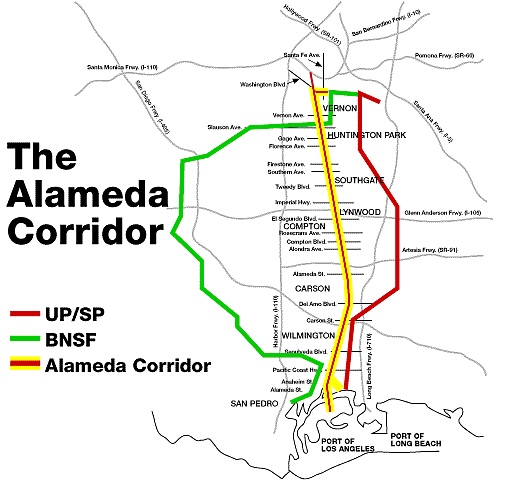 Map shows the path of the Alameda Corridor highlighted in...