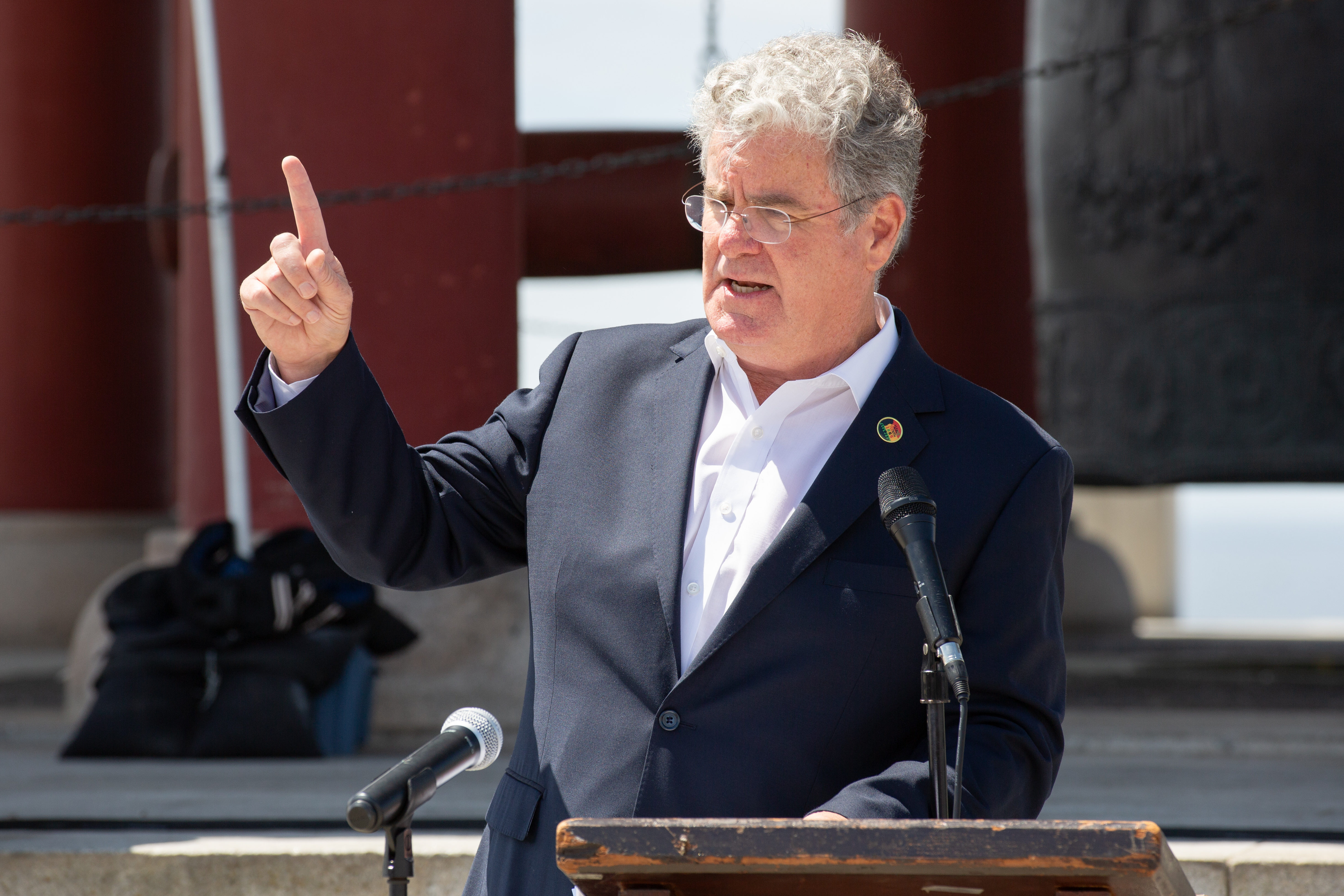 Los Angeles City Councilmember Tim McOsker speaks during a Juneteenth...