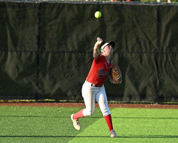 Romeo's Maegan Meyers (32) throws the ball towards second base during Tuesday's MAC-OAA All-Star Game at Oakland University. The MAC prevailed in the annual event, 14-3, on June 23., 2026. (DAN STICKRADT -- MediaNews Group)