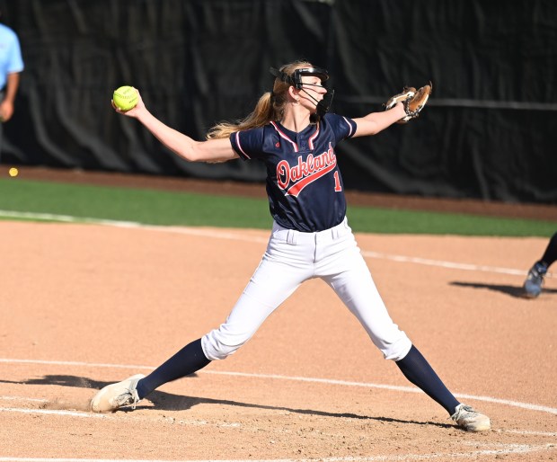 Adale Bush of Birmingham Seaholm fires this pitch during the first inning Tuesday for the OAA during the MAC-OAA All-Star Softball Game at Oakland University on June 23, 2026. (DAN STICKRADT -- MediaNews Group)