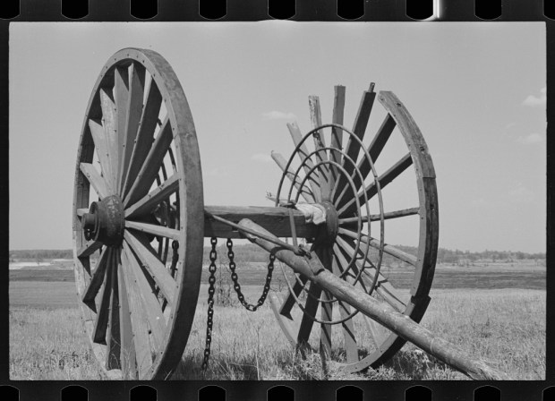 1936: Giant wheels, 10 feet in diameter, once used for carrying logs to a Michigan sawmill. (Photo courtesy Library of Congress)