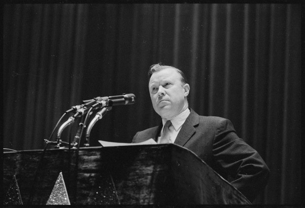 1958: United Auto Workers President Walter Reuther speaking at a UAW convention in Detroit. (Photo courtesy Library of Congress)