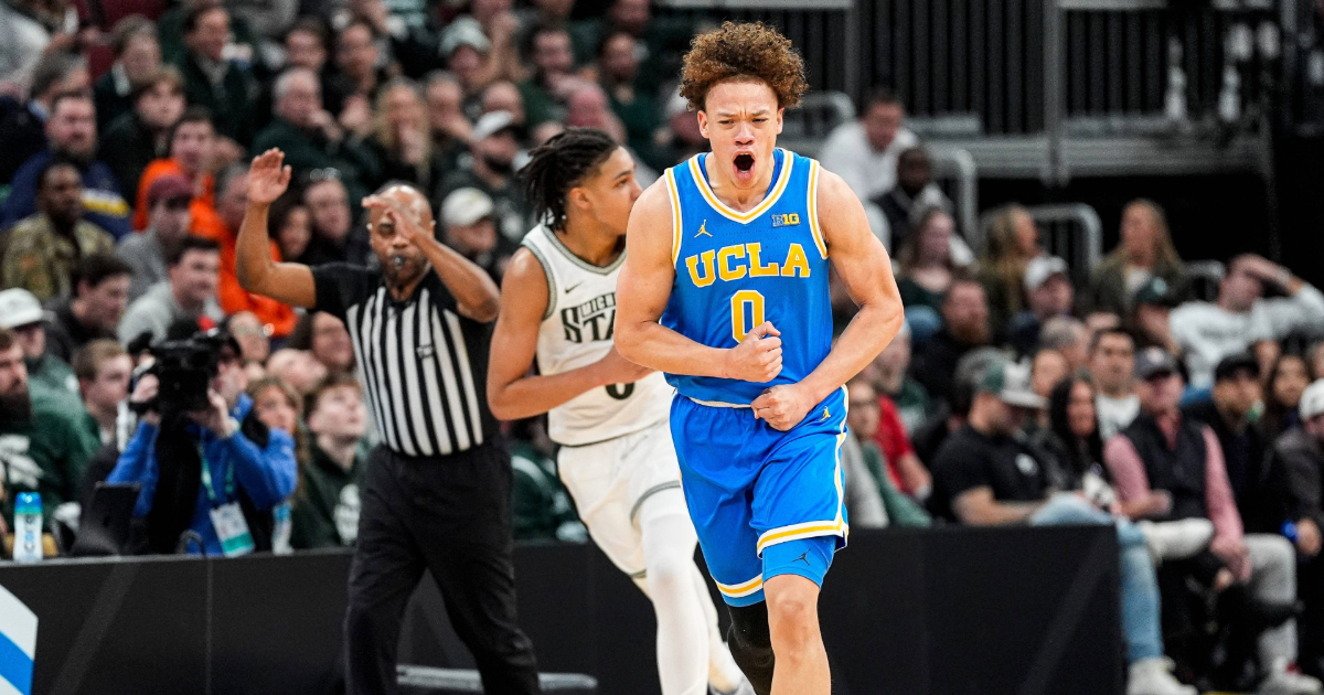 UCLA guard Trent Perry reacts during the Big Ten men's basketball quarterfinals against Michigan State