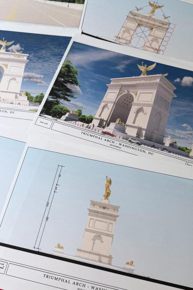FILE - Artist renderings and diagrams for President Donald Trump's new triumphal arch released by the U.S. Commission of Fine Arts that is planned to be built in Washington between the Lincoln Memorial and Arlington National Cemetery, are photographed, April 10, 2026. (AP Photo/Jon Elswick, file)