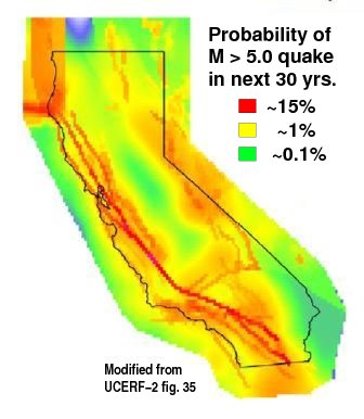 Seismic hazard map of California indicating earthquake risk levels and quake probability over the ne.