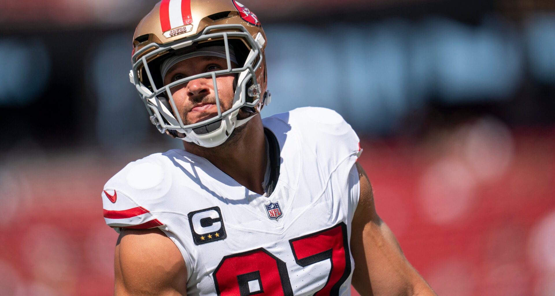 Sep 21, 2025; Santa Clara, California, USA; San Francisco 49ers defensive end Nick Bosa (97) on the field during warm ups prior to a game against the Arizona Cardinals during the first half at Levi's Stadium.