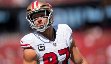 Sep 21, 2025; Santa Clara, California, USA; San Francisco 49ers defensive end Nick Bosa (97) on the field during warm ups prior to a game against the Arizona Cardinals during the first half at Levi's Stadium.