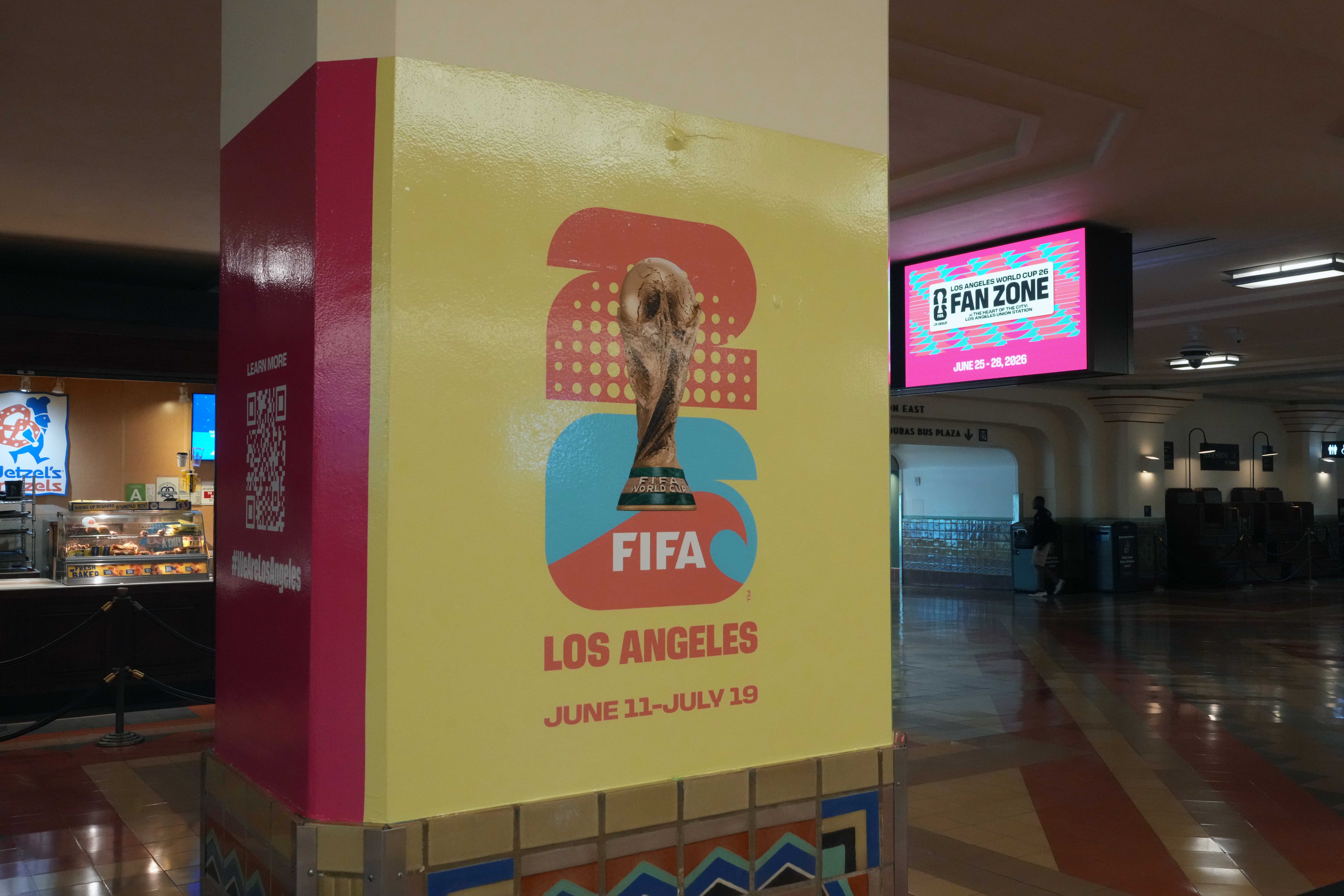 A general overall view of FIFA World Cup 2026 signage at Los Angeles Union Station.