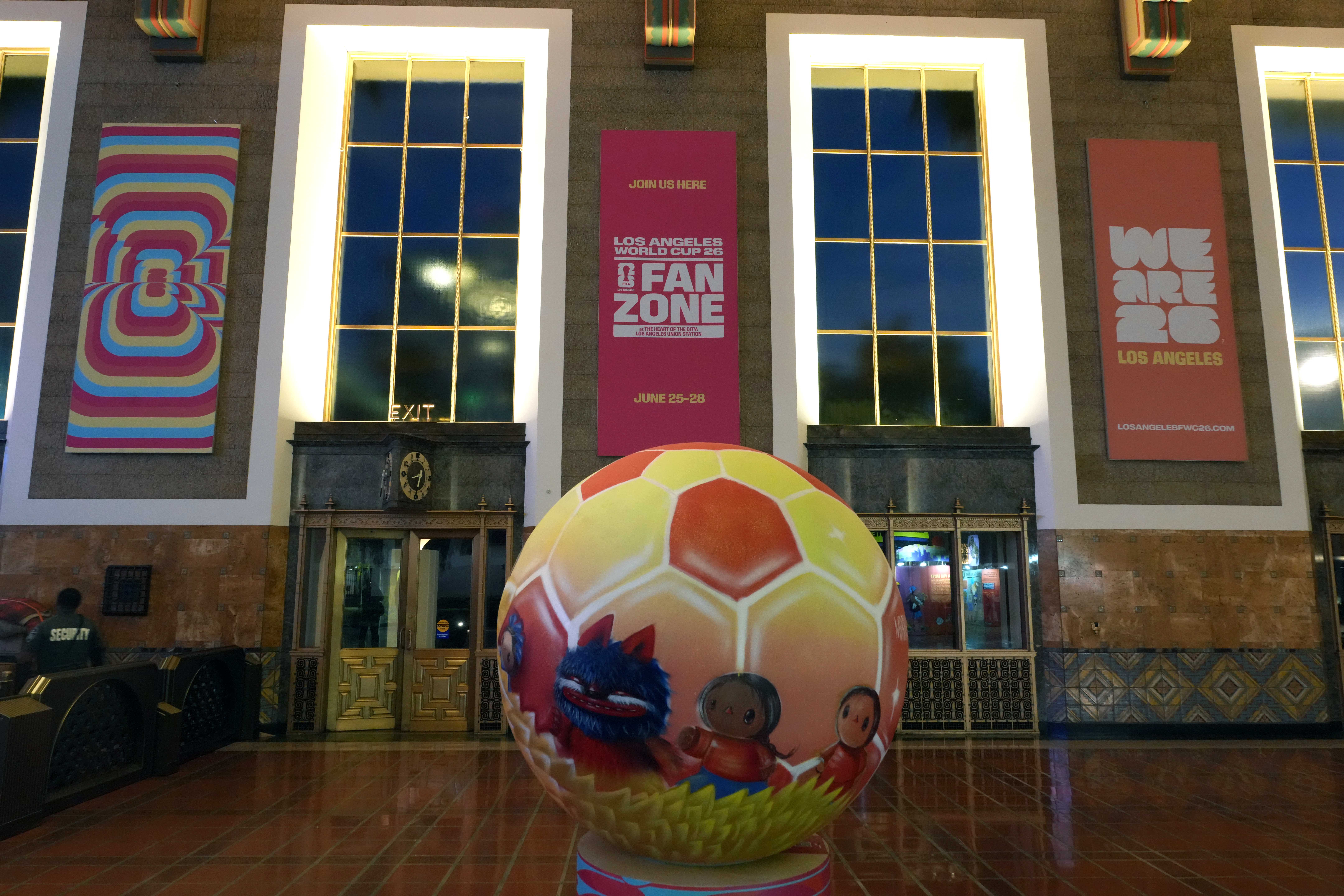 Jun 10, 2026; Santa Monica, California, USA; FIFA World Cup 2026 Fan Zone signage at Los Angeles Union Station. Mandatory Credit: Kirby Lee-Imagn Images