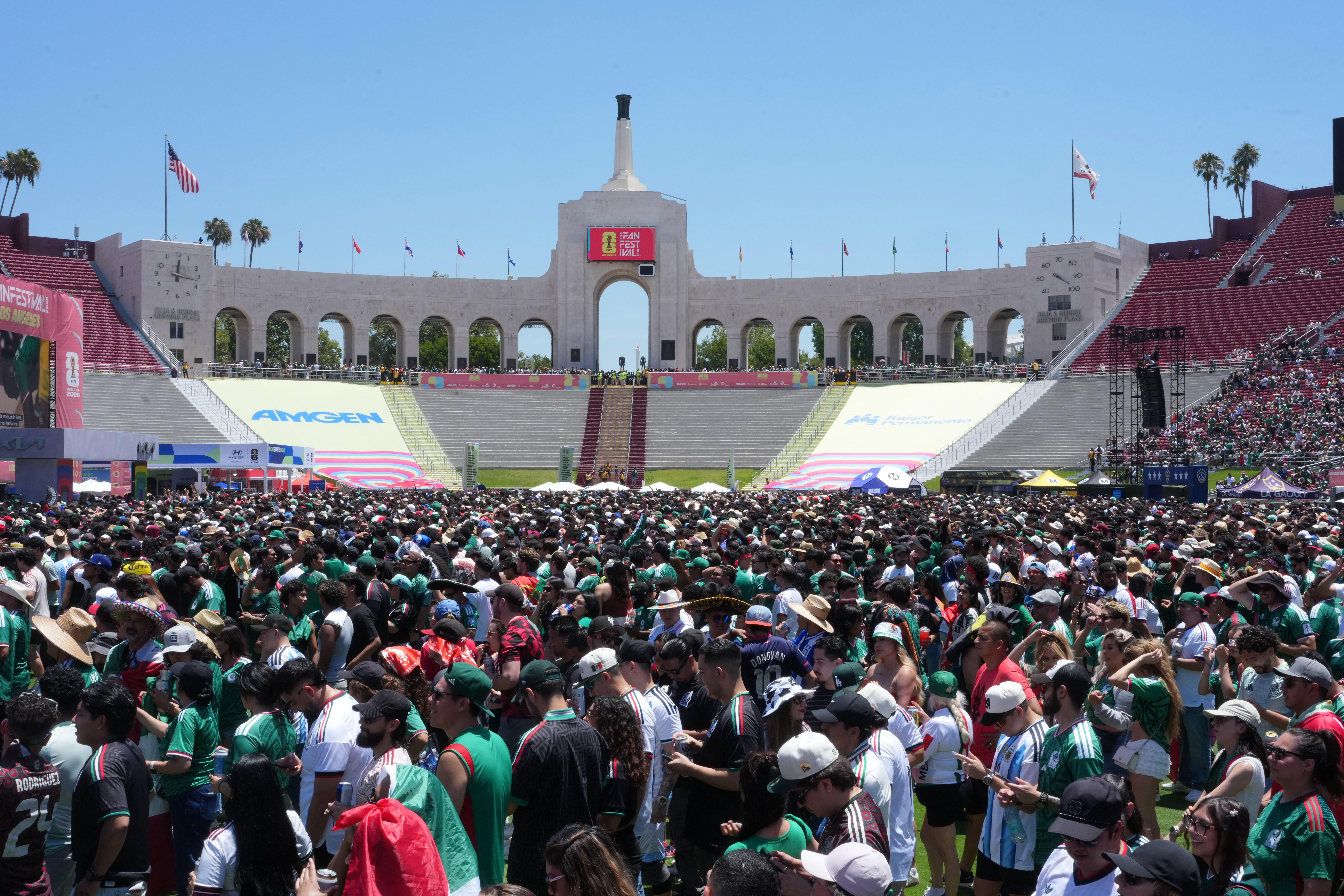 Jun 11, 2026; Los Angeles, California, USA; A general overall view as fans watch Mexico and South Africa play on a video screen during the 2026 FIFA World Cup Fan Festival at Los Angeles Memorial Coliseum. Mandatory Credit: Kirby Lee-Imagn Images