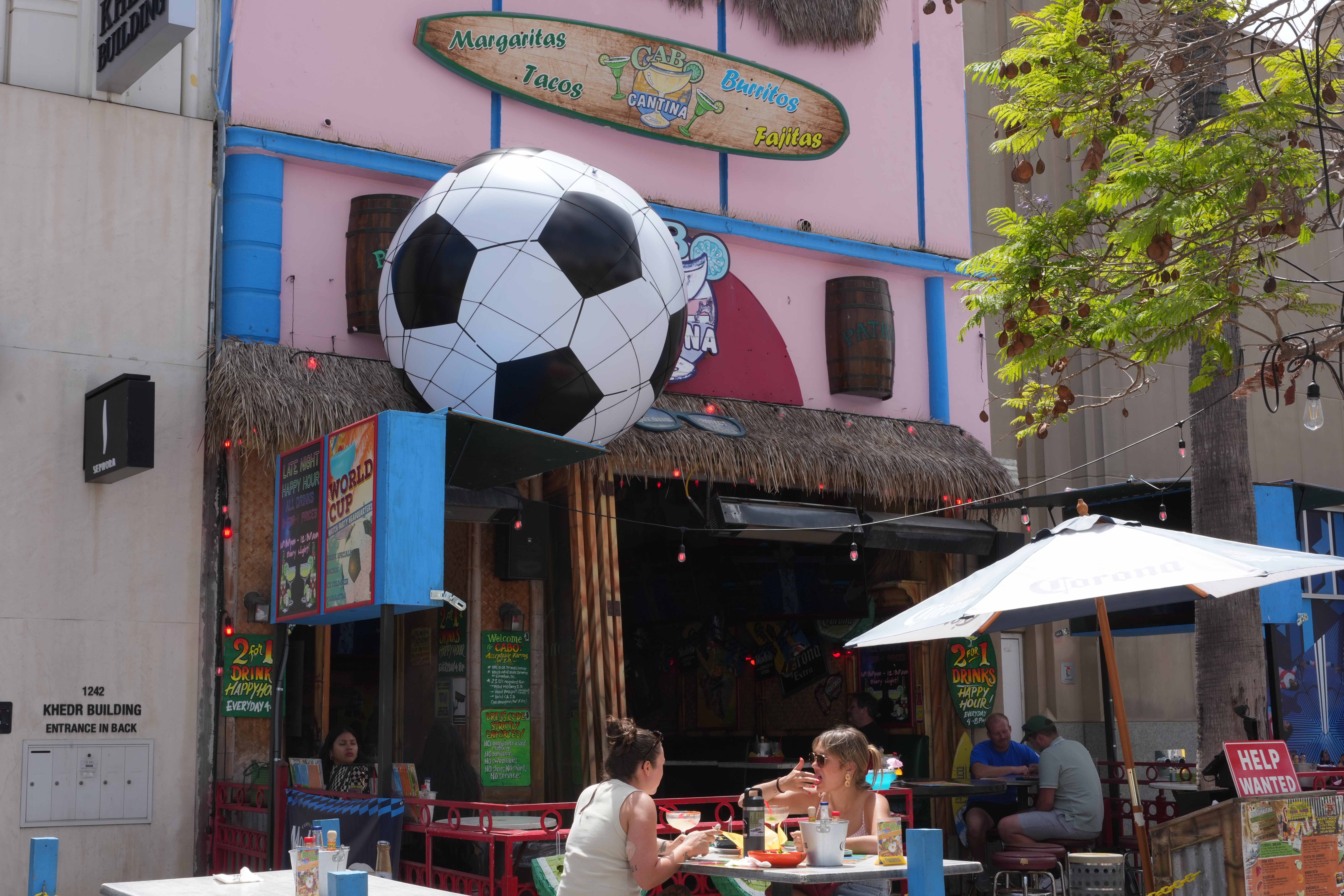 Jun 11, 2026; Los Angeles, California, USA; Decorations for the 2026 FIFA World Cup at the Cabo Cantina on the Third Street Promenade. Mandatory Credit: Kirby Lee-Imagn Images