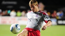 September 29, 2010; Santa Clara, CA, USA; Chicago Fire forward Brian McBride (20) warms up against the San Jose Earthquakes at Buck Shaw Stadium. The Fire defeated the Earthquakes 3-0. Mandatory Credit: Kyle Terada-USA TODAY Sports