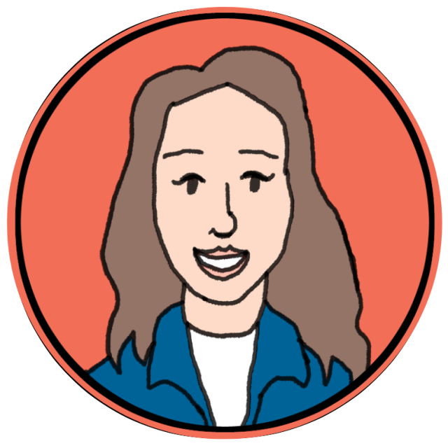 Cartoon drawing of a smiling person with long brown hair, wearing a blue jacket over a white shirt, set against a red circular background.