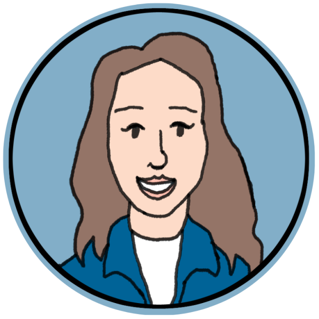 Cartoon-style drawing of a smiling person with long brown hair, wearing a blue jacket over a white shirt, set against a blue circular background.