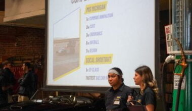 Robine van Venn speaking at Unveiling about Formula’s competition recap alongside a Baja team representative. Photo courtesy of Robine van Veen.