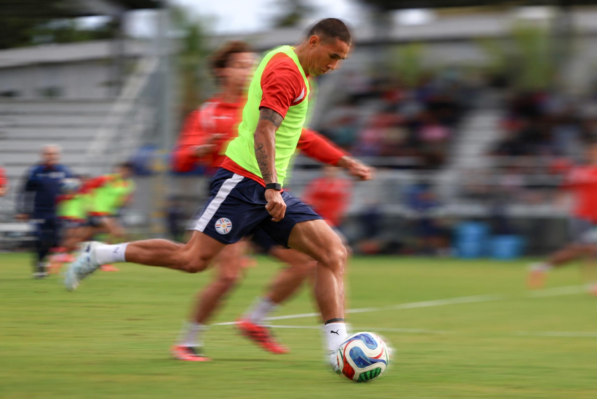 Paraguay’s center-back Gustavo Velasquez during practice about to shoot on goal with Matias Galarza in pursuit at San Jose State Spartan Soccer Complex, June 8, 2026.