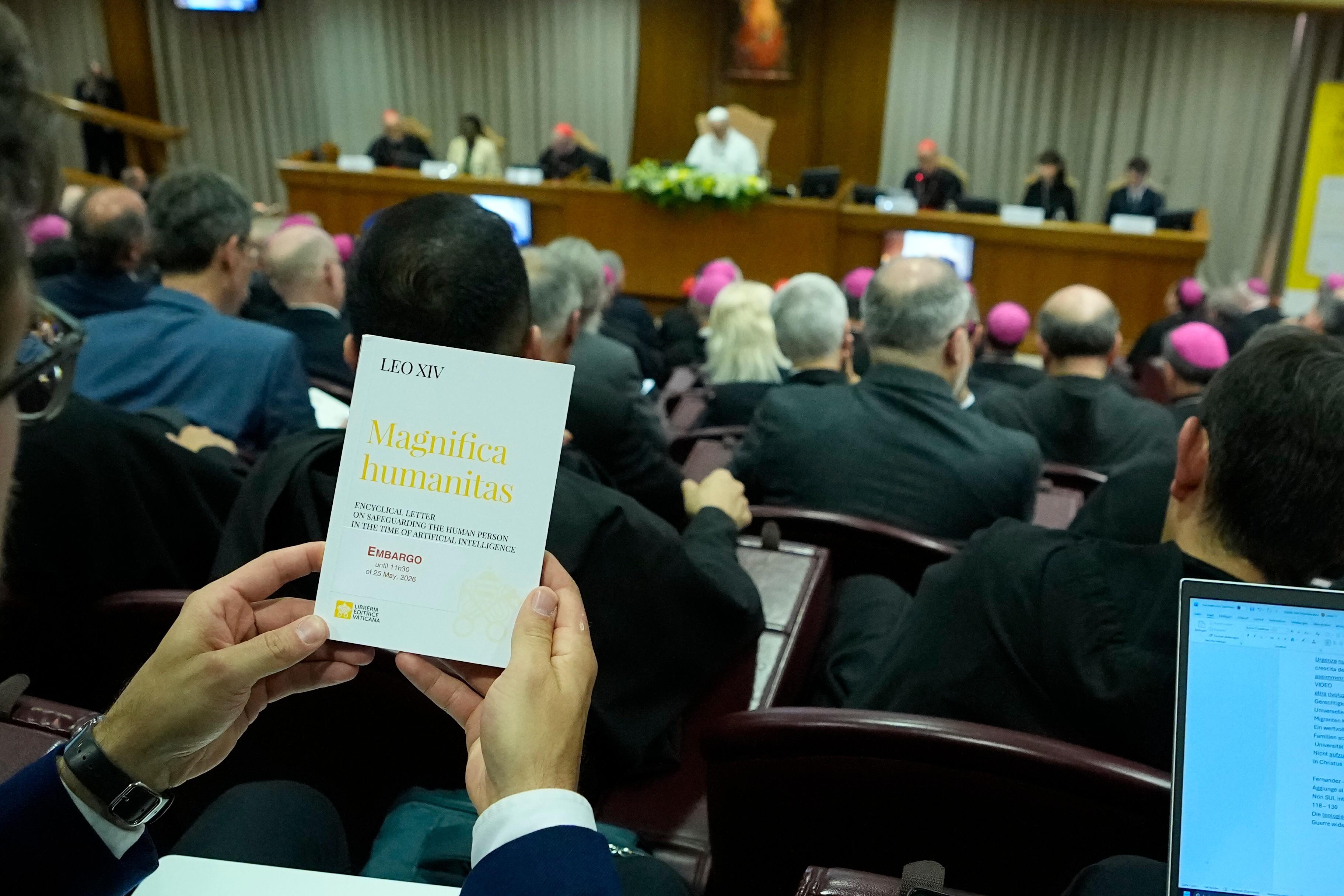 Pope Leo XIV attends the presentation of his first encyclical.