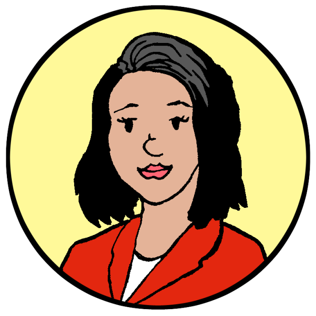 Illustration of a woman with medium-length black hair, wearing a red blazer and white shirt, shown inside a yellow circle.