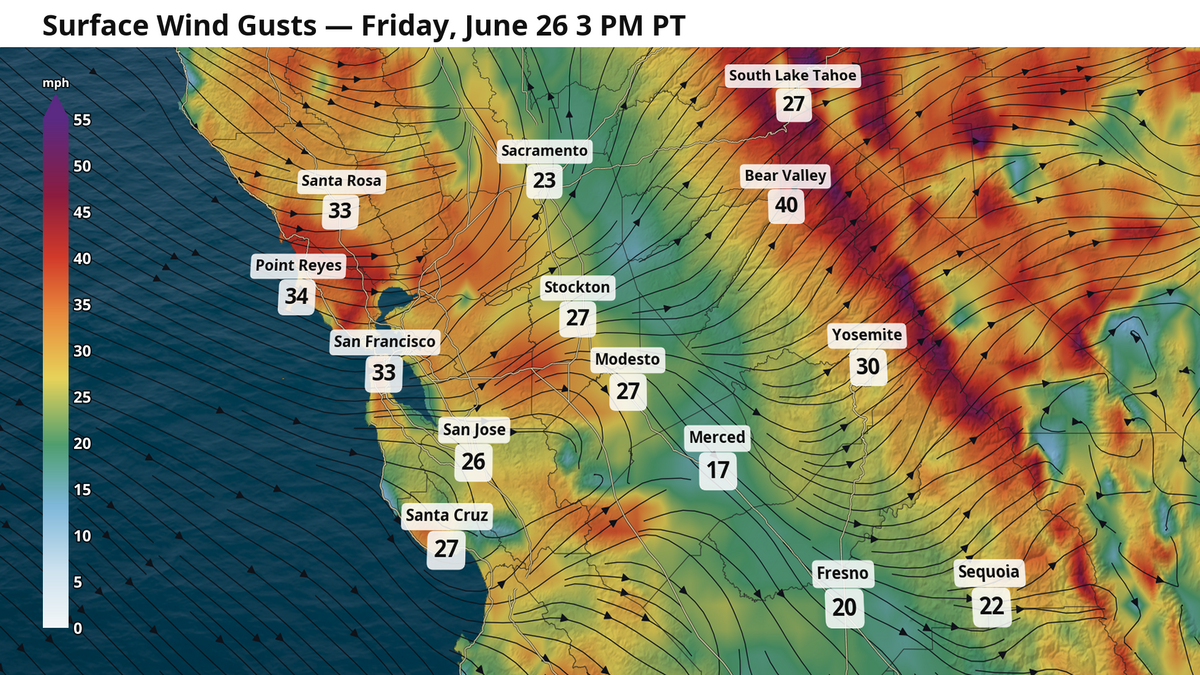 Forecast wind gusts the afternoon of Friday, June 26