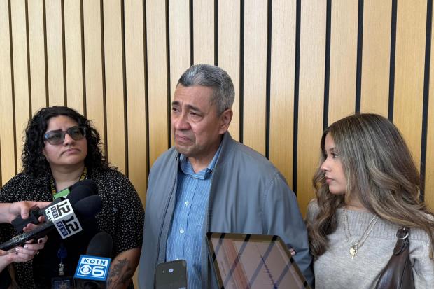 Jose Real, center, and Masciell Real, right, the father and sister of Ashley Real, speak to reporters in Portland, Ore. on Wednesday, June 3, 2026, after Jesse Calhoun was arraigned on a second-degree murder charge for Ashley's death. (AP Photo/Claire Rush)