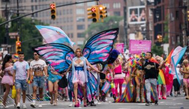 Revelers march during the NYC pride parade on June 25, 2023, in New York.