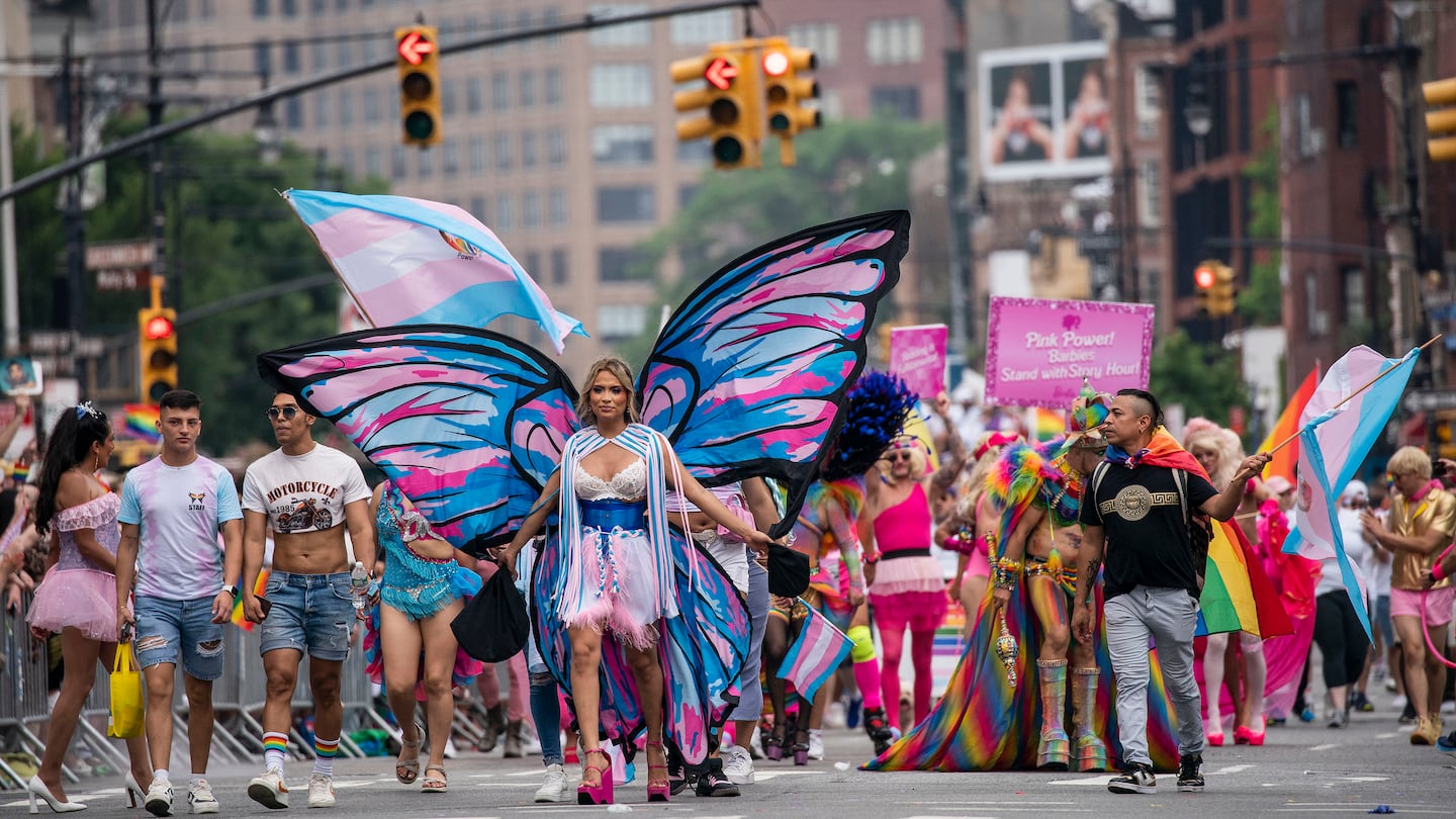 Revelers march during the NYC pride parade on June 25, 2023, in New York.