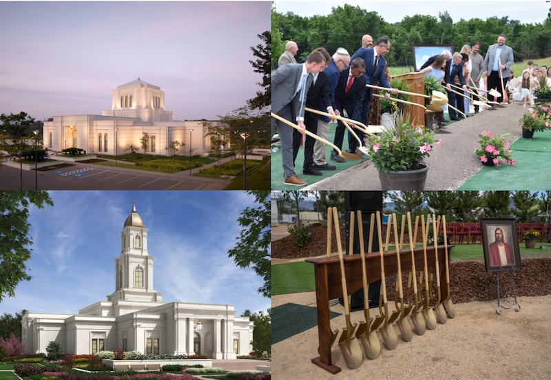 A collage of pictures showing the Belo Horizonte Brazil Temple, Springfield Missouri Temple, shovels at the Missoula Montana Temple and Huntsville Alabama Temple.