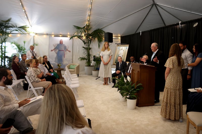 Elder Neil L. Andersen of the Quorum of the Twelve Apostles addresses the crowd during media day at the San Diego California Temple on Monday, June 15, 2026.