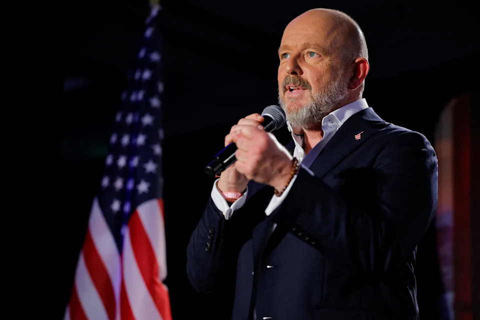 California Republican gubernatorial candidate Steve Hilton speaks to supporters as he attends his campaign watch party in Huntington Beach, California, June 2, 2026.