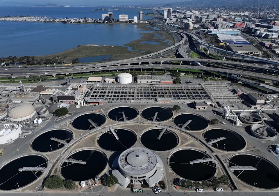 Pools of water are visible at the East Bay Municipal Utility District Wastewater Treatment Plant. California’s water systems are a prime target. Getty Images