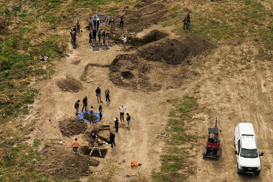 In an aerial view, investigators search for animal remains while executing a second search warrant at Miranda's Rescue as part of an active investigation into alleged animal cruelty, fraud and theft, in Fortuna, Calif., on Tuesday 23 June 23, 2026. (