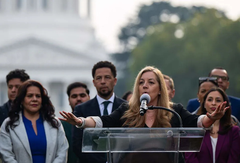 State Sen. Angelique Ashby, D-Sacramento, speaks during a news conference on Capitol Mall on Friday, Jan. 30, 2026, about a planned downtown campus for Sacramento State on the current site of unused state office buildings.