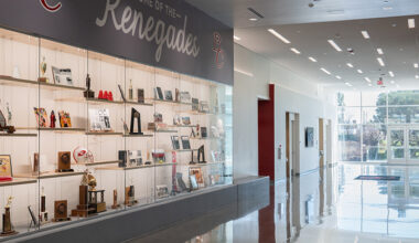 RAC lobby with historical artificats stored behind a glass structure