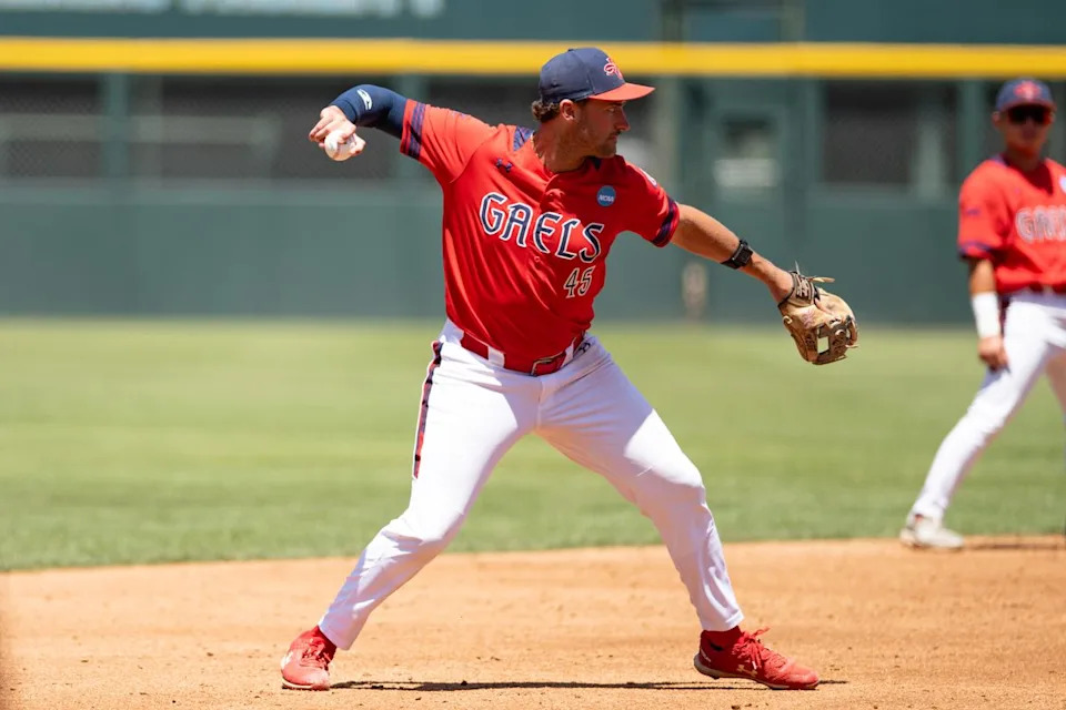 Saint Mary's College infielder Jared Mettam (45) throws the ball during an NCAA regional championship elimination game between the Saint Mary's College Gaels and UCLA Bruins on May 31, 2026 at Jackie Robinson Stadium in Los Angeles Calif.