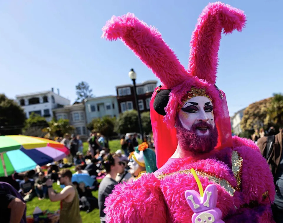 Sister Tilda Nexttime of the Sisters of Perpetual Indulgence as a rabbit at Dolores Park in San Francisco for the annual Hunky Jesus contest in 2024. (Manuel Orbegozo/For the S.F. Chronicle)