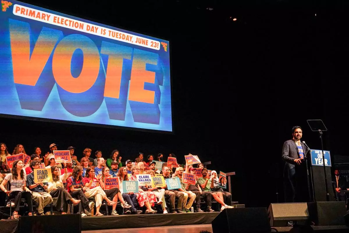 Mayor Zohran Mamdani speaks during a Get Out The Vote rally ahead of New York's primary election, Thursday, June 18, 2026, in the Brooklyn borough of New York. (AP Photo/Ryan Murphy)