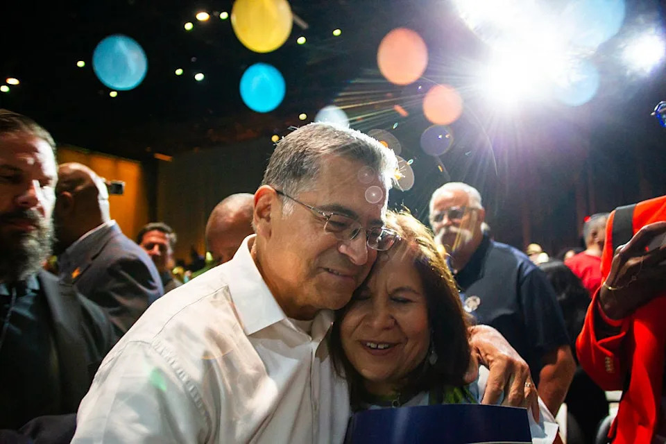 California Democratic gubernatorial candidate Xavier Becerra hugs a supporter at the Long Beach Arena on May 31, 2026 in Long Beach, California.