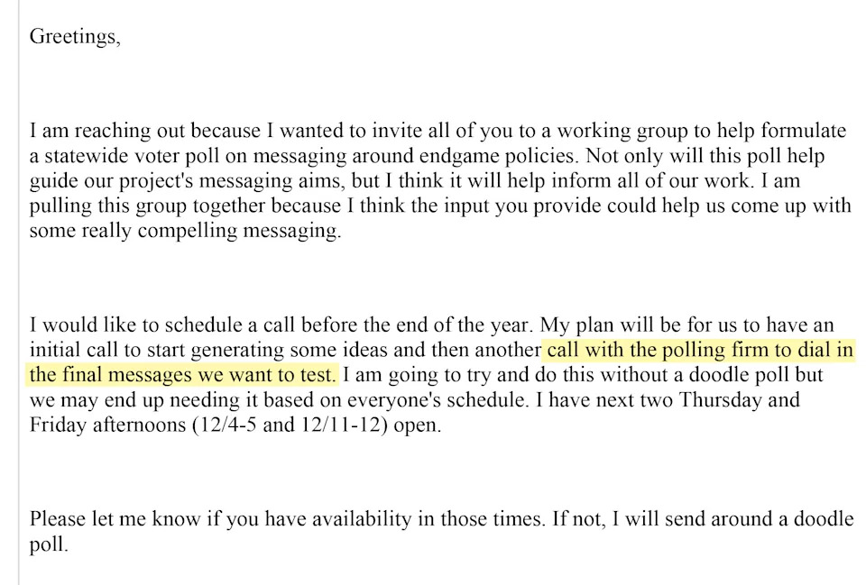 A screenshot from an email with the highlighted text "call with the polling firm to dial in the final messages we want to test."