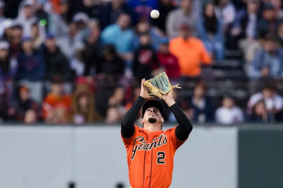 Willy Adames catches a fly ball during the Giants’ loss tot he Cubs. The veteran shortstop, who went 0-for-3, is now in an 0-for-20 slump. John Hefti-Imagn Images