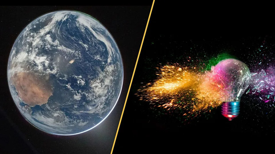  The "Blue Marble" photo of the Earth against a black background, and a light bulb exploding. 