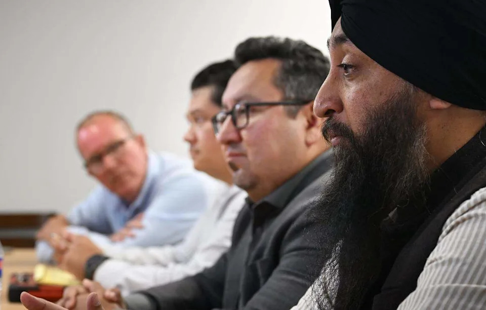 District 1 candidates left to right Monte Forkas, Joe Hinojosa, Rob Fuentes and Deep Singh, seen during a Fresno City Council forum held by The Fresno Bee Friday, April 17, 2026 in downtown Fresno