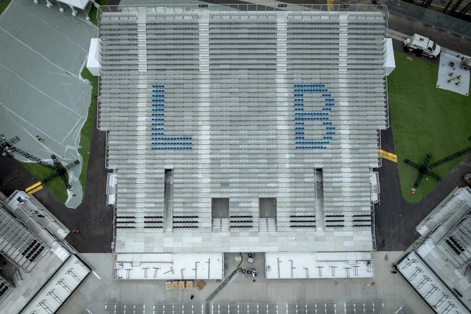 Bleacher seats spell out large letters L and B, for Long Beach, at the amphitheater.