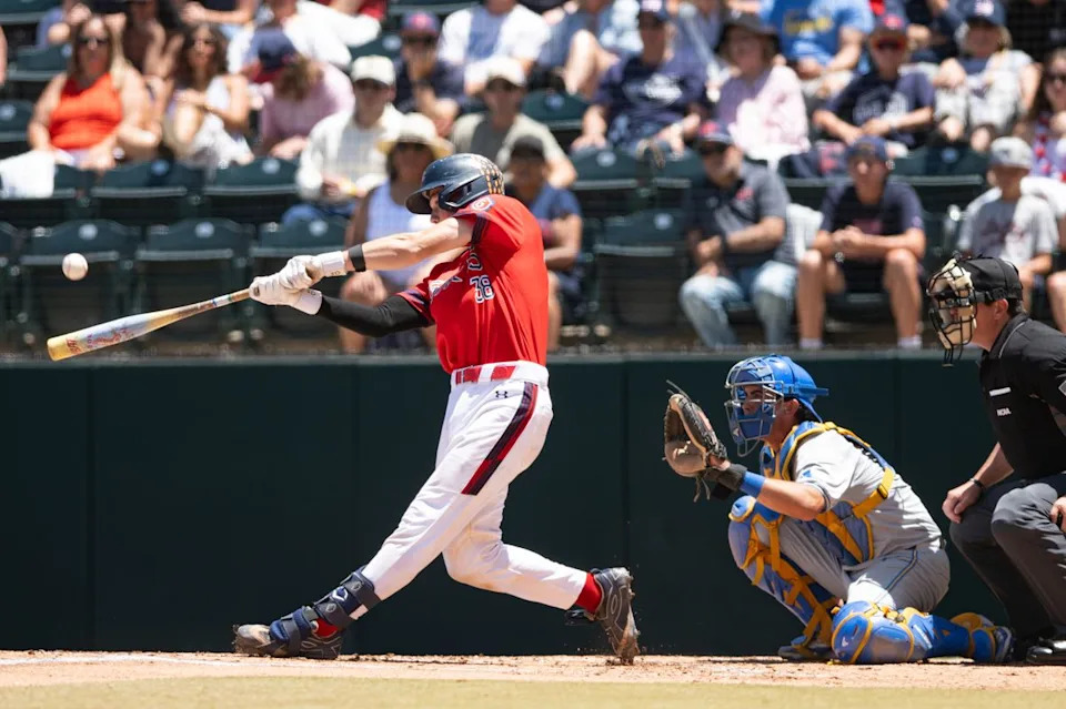Saint Mary's College catcher Ian Armstrong (38) swings and makes contact during an NCAA regional championship elimination game between the Saint Mary's College Gaels and UCLA Bruins on May 31, 2026 at Jackie Robinson Stadium in Los Angeles Calif.