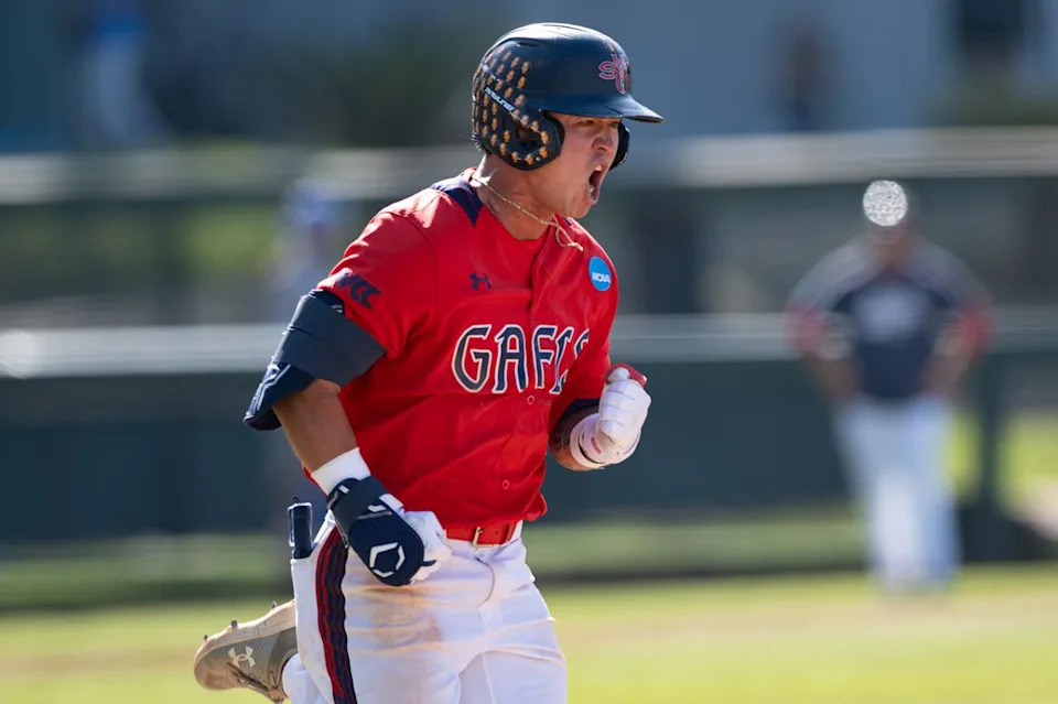 Saint Mary's College infielder Cody Kashimoto (4) celebrates after making a base hit during an NCAA regional championship elimination game between the Saint Mary's College Gaels and UCLA Bruins on May 31, 2026 at Jackie Robinson Stadium in Los Angeles Calif.