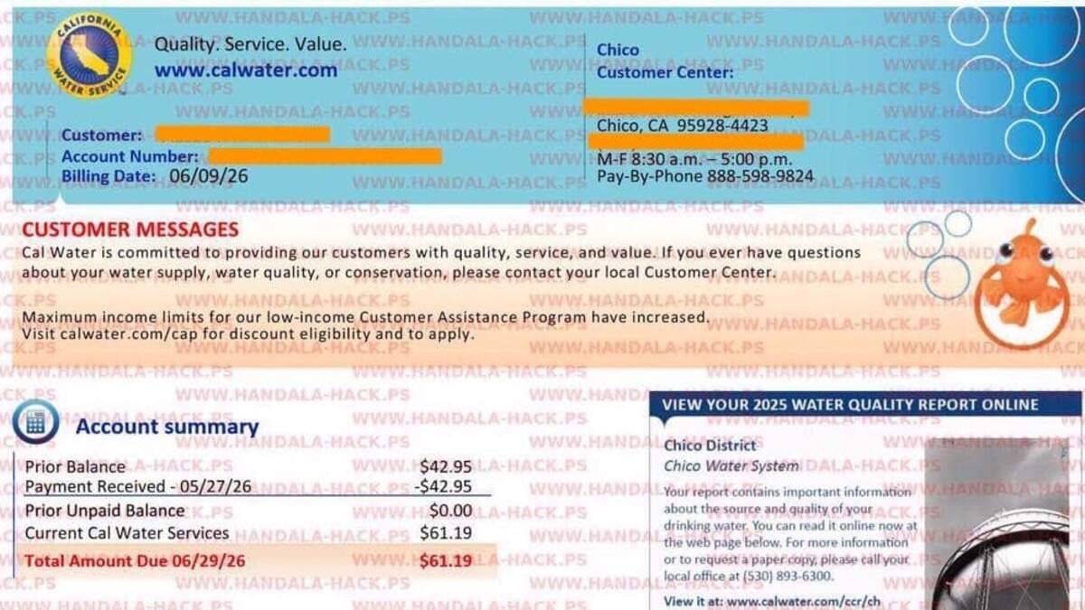 Image of purported bill to a Chico CalWater customer that an Iranian-linked group claims to have hacked. The original image did not have identifying information blocked. SOURCE: Iranian PressTV Image of purported bill to a Chico CalWater customer that an Iranian-linked group claims to have hacked. The original image did not have identifying information blocked. SOURCE: Iranian PressTV